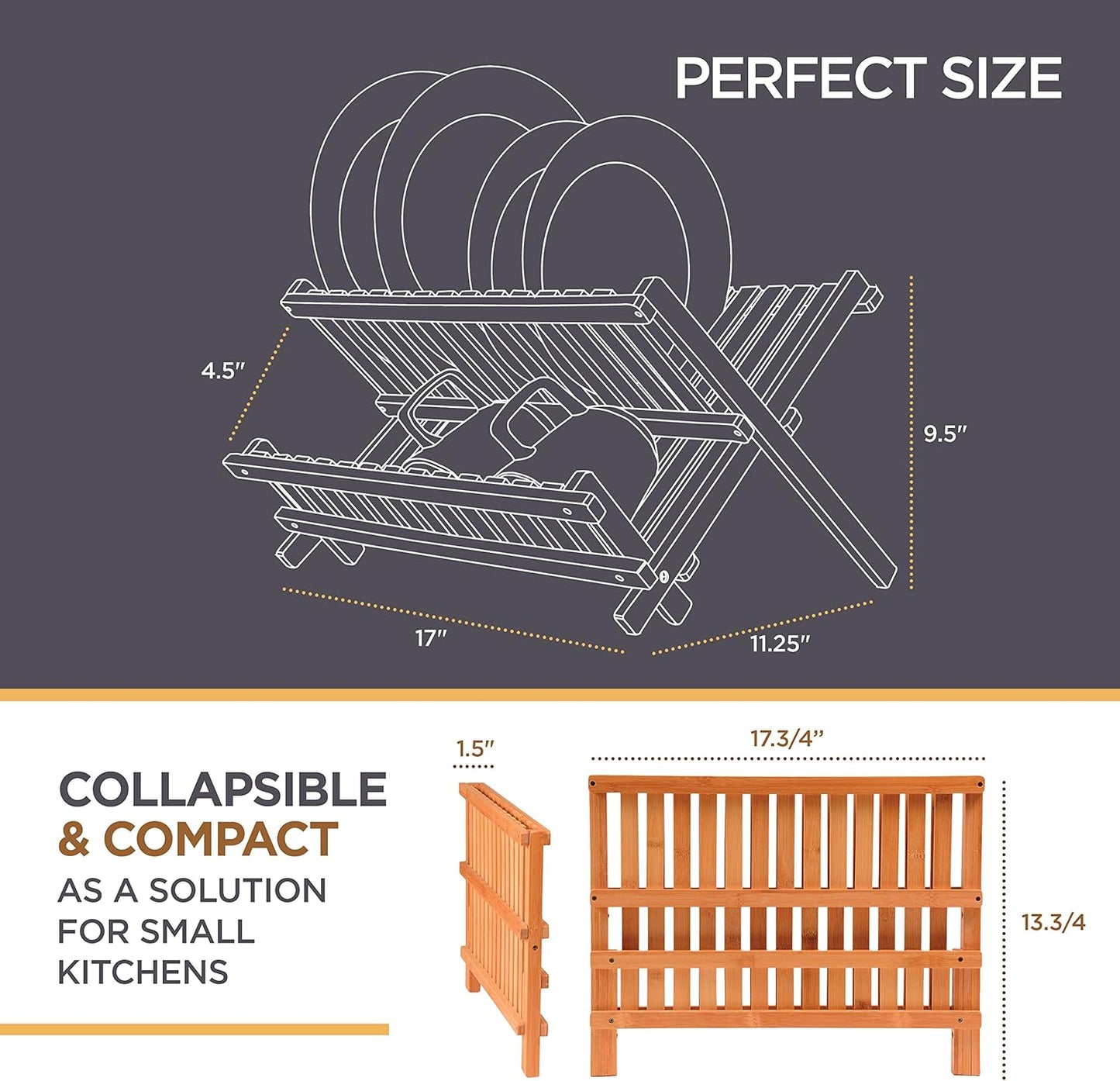 Dish Drying Rack for Kitchen Counter - Collapsible 2-Tier Bamboo Dish Rack Foldable Space Saving - Wooden Dish Drainer and Drying Rack for Dishes, Plates, Cups - Kitchen Organizer Housewarming Gift