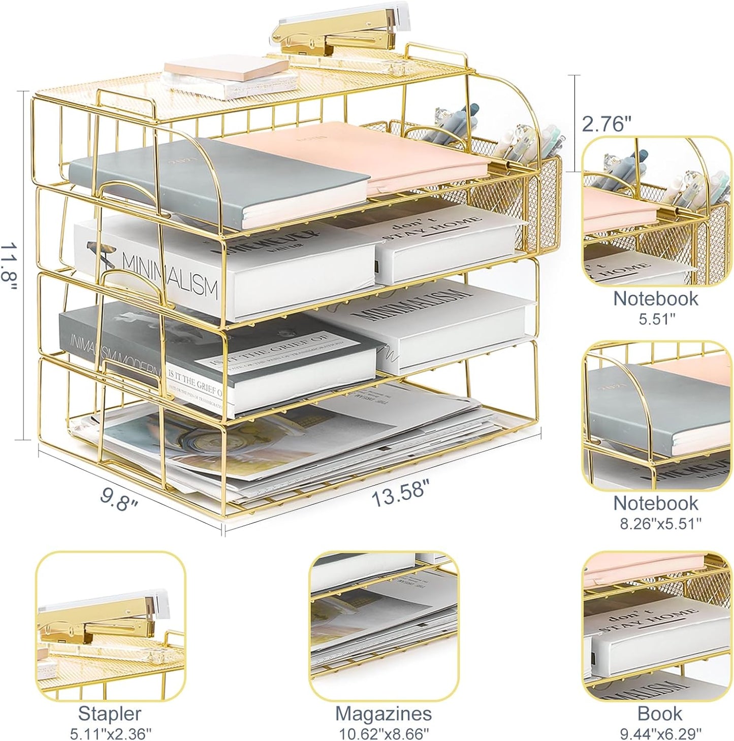 TNELTUEB Gold Paper Organizer for Desk with Pen Holder, 4 Tier Desk Organizers for Home and Office Stackable Letter Tray(Gold)