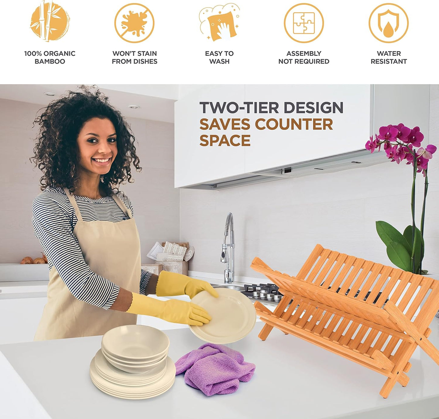 Dish Drying Rack for Kitchen Counter - Collapsible 2-Tier Bamboo Dish Rack Foldable Space Saving - Wooden Dish Drainer and Drying Rack for Dishes, Plates, Cups - Kitchen Organizer Housewarming Gift
