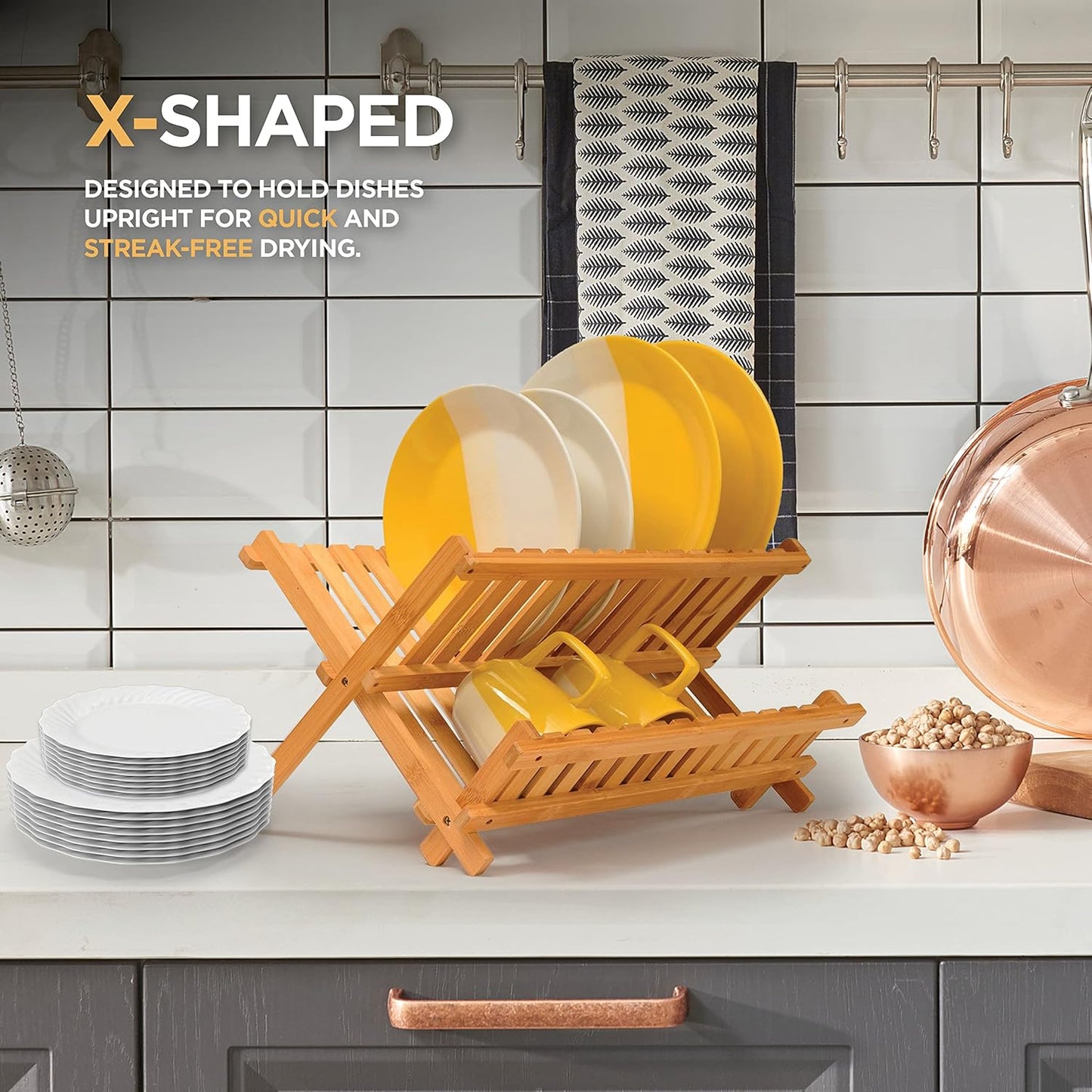 Dish Drying Rack for Kitchen Counter - Collapsible 2-Tier Bamboo Dish Rack Foldable Space Saving - Wooden Dish Drainer and Drying Rack for Dishes, Plates, Cups - Kitchen Organizer Housewarming Gift