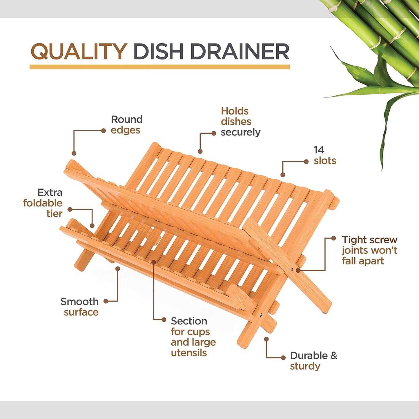 Dish Drying Rack for Kitchen Counter - Collapsible 2-Tier Bamboo Dish Rack Foldable Space Saving - Wooden Dish Drainer and Drying Rack for Dishes, Plates, Cups - Kitchen Organizer Housewarming Gift