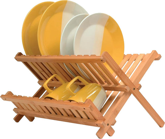 Dish Drying Rack for Kitchen Counter - Collapsible 2-Tier Bamboo Dish Rack Foldable Space Saving - Wooden Dish Drainer and Drying Rack for Dishes, Plates, Cups - Kitchen Organizer Housewarming Gift