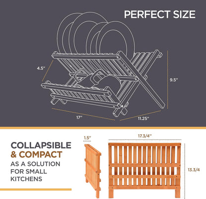 Dish Drying Rack for Kitchen Counter - Collapsible 2-Tier Bamboo Dish Rack Foldable Space Saving - Wooden Dish Drainer and Drying Rack for Dishes, Plates, Cups - Kitchen Organizer Housewarming Gift