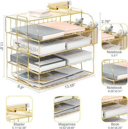 TNELTUEB Gold Paper Organizer for Desk with Pen Holder, 4 Tier Desk Organizers for Home and Office Stackable Letter Tray(Gold)