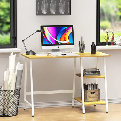 43-Inch Home Office Trestle Computer Desk with Open Storage Shelves, Oak