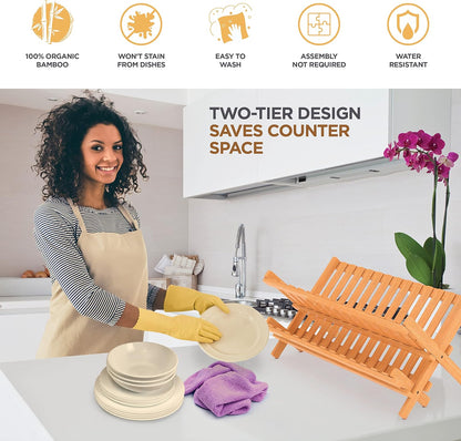 Dish Drying Rack for Kitchen Counter - Collapsible 2-Tier Bamboo Dish Rack Foldable Space Saving - Wooden Dish Drainer and Drying Rack for Dishes, Plates, Cups - Kitchen Organizer Housewarming Gift