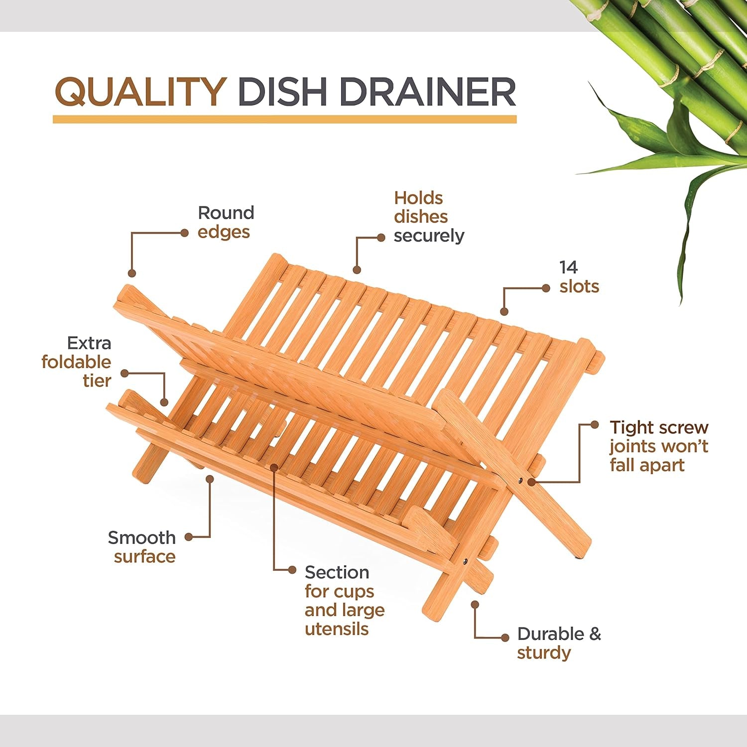 Dish Drying Rack for Kitchen Counter - Collapsible 2-Tier Bamboo Dish Rack Foldable Space Saving - Wooden Dish Drainer and Drying Rack for Dishes, Plates, Cups - Kitchen Organizer Housewarming Gift