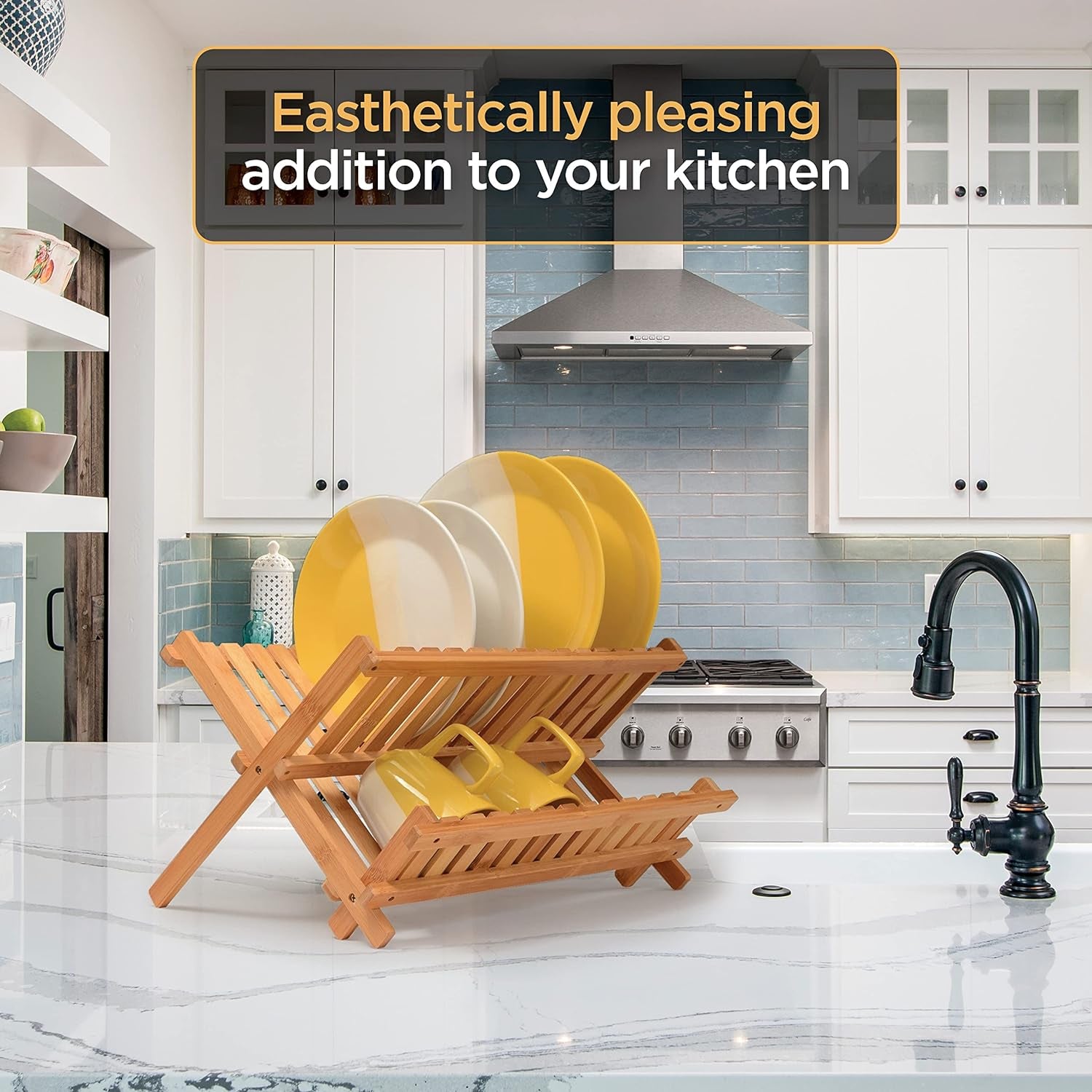 Dish Drying Rack for Kitchen Counter - Collapsible 2-Tier Bamboo Dish Rack Foldable Space Saving - Wooden Dish Drainer and Drying Rack for Dishes, Plates, Cups - Kitchen Organizer Housewarming Gift